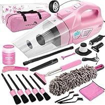 the pink vacuum is packed with cleaning supplies