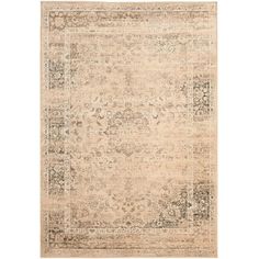 a beige rug with an ornate design on the top and bottom, in different colors