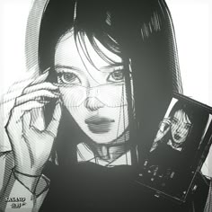 a drawing of a woman holding a cell phone to her ear and looking at the camera