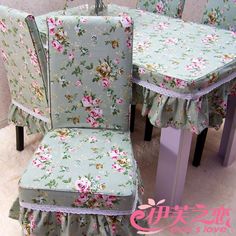 a set of four chairs with floral print on them and matching table cloths in various colors