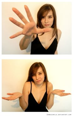 two pictures of a woman with her hands out to the side, and another photo of someone's hand