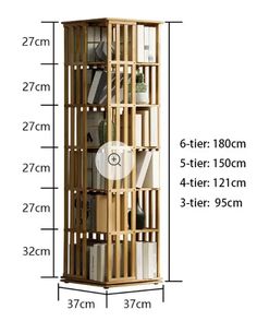 a tall wooden bookcase with drawers and shelves on the bottom, measurements for each shelf