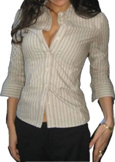 Trendy Striped Office Shirt, Spring Button-up Tops With Horizontal Stripes, Striped Collared Blouse For Business Casual, Striped Button Closure Shirt For Office, Vertical Stripes Summer Office Tops, Chic Striped Tops For Business Casual, Pinstripe Top With Striped Collar For Business Casual, Business Casual Striped Blouse With Button Closure, Striped Button-up Shirt For Office