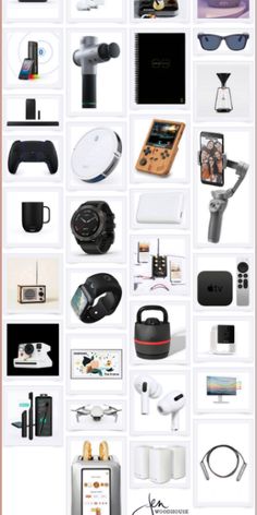 an image of various electronics and gadgets displayed on a white background with pink border