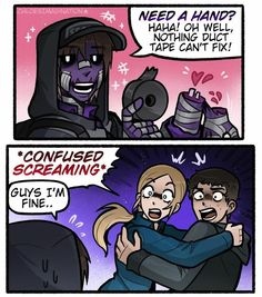 a comic strip with an image of two people hugging in front of a purple background