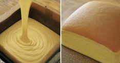 two pictures side by side one with cake batter being poured into the other