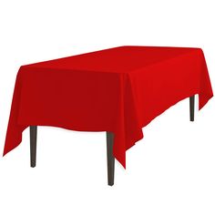 a red table cloth on top of a wooden table with black legs and wood feet