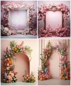 four different frames with flowers on them and one has a pink wall in the background