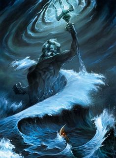 a painting of a man in the ocean holding a light