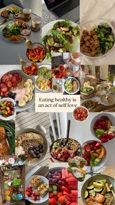 a collage of pictures with different foods and words on them that say eating healthy is an act of self love