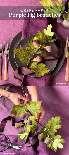 there are two pictures of purple and green leaves on the table with utensils