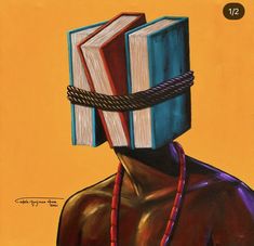 a painting of a man with books on his head and necklaces around his neck