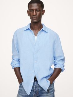 Cut from 100% linen, we love this shirt for its beautiful, natural texture and ability to stay cool and crisp, even in heat and humidity.  Standard fit.  Spread collar with button-front closure.  Shirttail hem.  Standard fit.  Long sleeves.  Hip length.  Model: Size M, 6'2" (188cm). Cerulean Blue, Stay Cool, Natural Texture, Hip Length, Linen Shirt, Love This, Top Shirt, Heat, Top Outfits