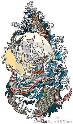 an image of a horse and fish in the ocean with waves on it's back