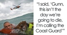 a man and his dog are in the water with a life jacket over their shoulders