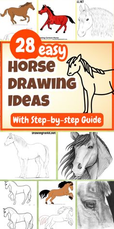 the book cover for 28 easy horse drawing ideas with step by step guide