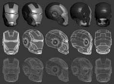 several helmets are shown in various positions and sizes, including one with the headpieces