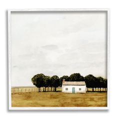 a painting of a white house in the middle of a field with trees on either side