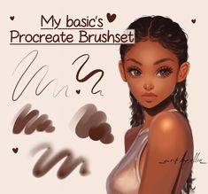 a girl with long hair and brown eyes is shown in front of a white background that says, my basic's procreate brush set