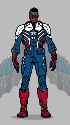 an image of a man with wings in his hand and wearing a blue, red and white suit