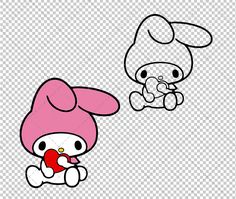 an animal with a pink hat sitting next to a cartoon bunny holding a red apple