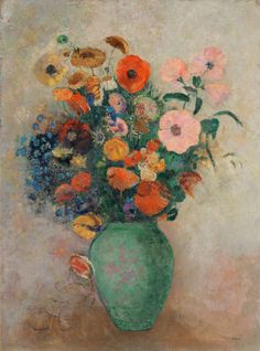 a painting of flowers in a green vase