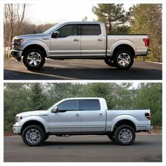 two pictures side by side of a silver truck and the same one with chrome rims