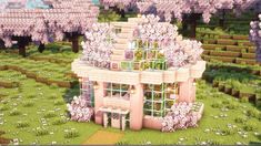 Cherry Greenhouse Minecraft, Mc Bee House, Mc Bee Farm, Cute Minecraft Windmill, Minecraft Glass House, Minecraft Bee Farm, Coquette Minecraft, Cherry Blossom House Minecraft