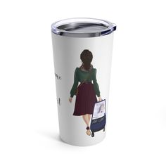 a travel mug with a woman walking down the street in front of her luggage bag