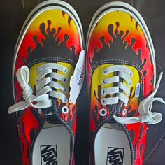 Fire Vans, 10.5 , Sneakers Red Vans Custom, Red Fire Vans, Custom Yellow Low-top Sneakers With Red Sole, Yellow Custom Sneakers With Red Sole And Round Toe, Yellow Lace-up Sneakers With Red Sole, Olive Green Vans, Vans Hightop, Vans Orange, Vans Sk8 High