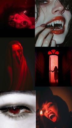 a collage of photos with red lights and creepy faces, including a woman's face