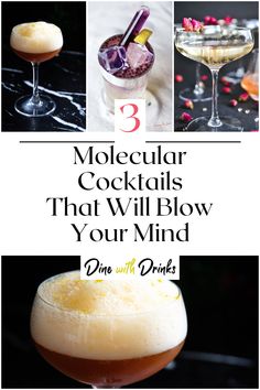 Collage of 4 molecular cocktails. Molecular Mixology Cocktails, Science Cocktail Recipes, Molecular Gastronomy Cocktails, Biology Cocktails, Career Themed Cocktails, Showstopper Cocktails, Chemistry Cocktails, Molecular Mixology Recipes, Interactive Cocktails