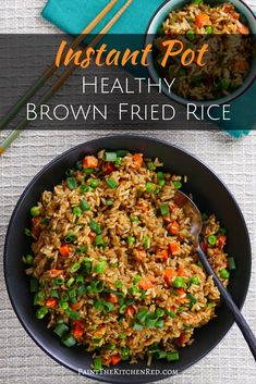 instant pot healthy brown fried rice in a bowl with chopsticks and green onions