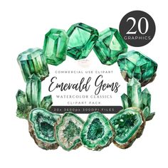 emerald gems watercolor clipart pack with 20 pieces in each package and the text underneath it