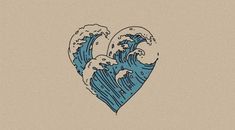 the great wave in the shape of a heart on a beige background with blue ink