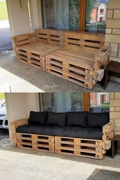 two pictures of a couch made out of wooden pallets and some black cushiones