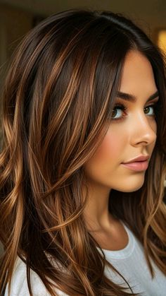 Dark Brown Autumn Hair, Hair Colour Ideas For Brown Eyes, Different Colour Highlights, Brown Highlights For Dark Brown Hair, Dark Long Hair With Highlights, Hair Dark Brown Highlights, Fall Hair Color For Brunettes Short, Dark Hair With Colored Highlights, Cooper Highlights On Brown Hair