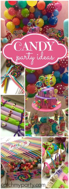 a collage of photos with candy and party items on it, including cake, candies, balloons, streamers and more