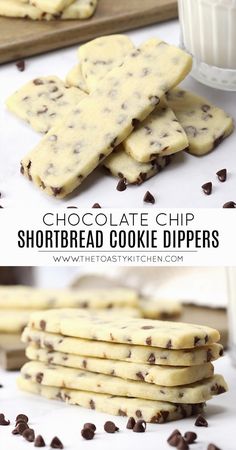 chocolate chip shortbread cookie dippers on a cutting board with milk in the background