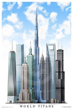 the world's tallest buildings are shown against a blue sky with clouds in the background