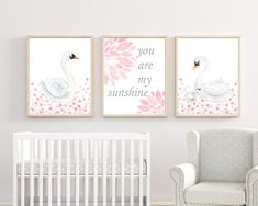 two framed pictures hang on the wall next to a baby's nursery crib