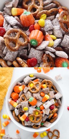 two pictures with candy and pretzels in them