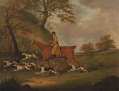 a painting of a woman riding a horse with dogs running behind her in a wooded area