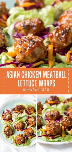 Fancy Healthy Dinner, Meatball Wraps, Meatball Lettuce Wraps, Meatball Meals, Thai Chicken Meatballs, Asian Chicken Meatballs, Saucy Chicken, Recipe For Lunch, Mango Slaw