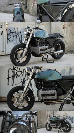 three different views of a motorcycle parked in front of a wall with graffiti on it