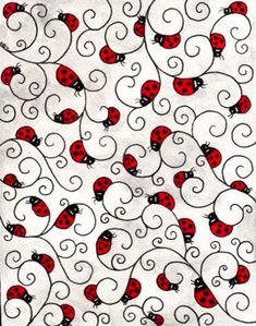 red and black ladybugs on white paper with swirly lines in the shape of hearts