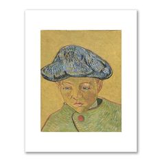 a painting of a boy with a blue hat on his head and green shirt underneath