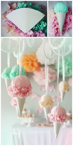 four different pictures of ice cream cones and flowers