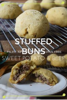 stuffed buns with sweet potato and beef are on a cooling rack, ready to be eaten