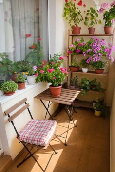 a small balcony with potted plants on the windowsill and a table with two chairs